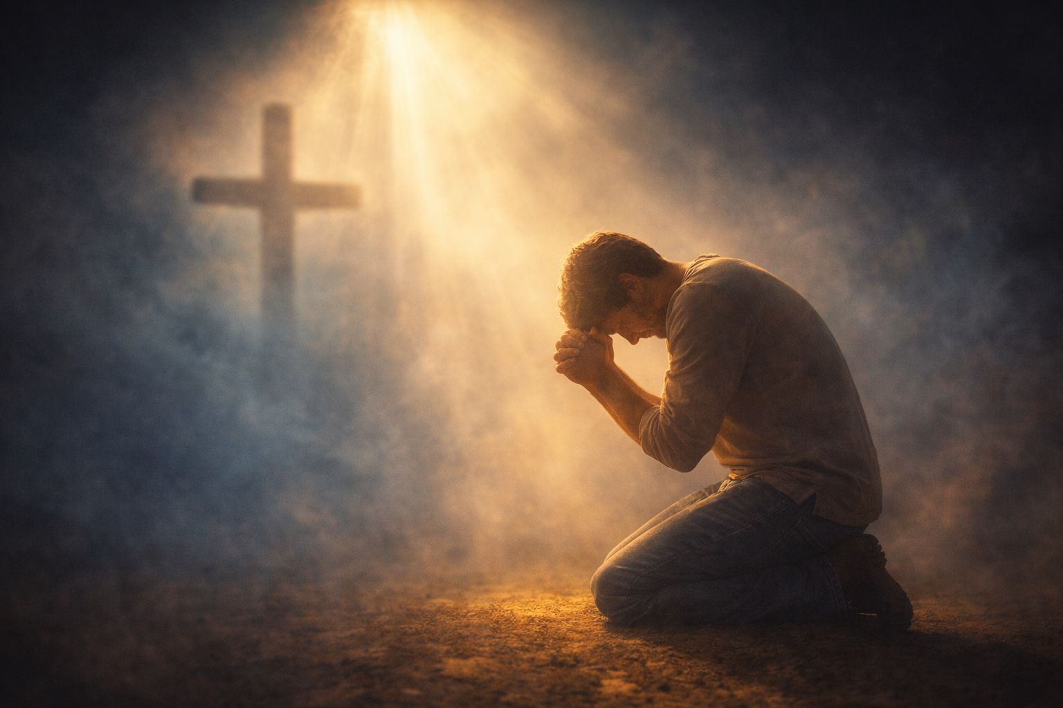 Pessoa em oração simbolizando redenção e transformação de identidade pela graça de Deus
