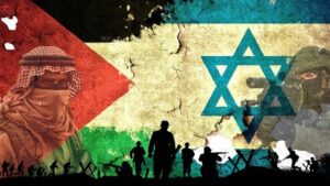 Bandeiras de Israel e Palestina e soldados posicionados