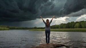 Uma mulher de pé à beira de um rio com os braços levantados em sinal de entrega e confiança. O céu ao fundo tem nuvens escuras e tempestade à distância, mas acima dela, há uma abertura no céu com luz, representando a promessa de Deus de guiar seus caminhos