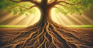 Imagem de uma árvore robusta com raízes profundas visíveis em solo fértil, ao lado de um riacho. Representa crescimento espiritual e força na fé cristã.