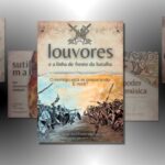 Capa do livro "Louvores e a Linha de Frente da Batalha" por Ricardo e Evelin Maciel. A imagem retrata uma cena de batalha, com guerreiros marchando e lutando em um campo de guerra, simbolizando a importância do louvor como arma espiritual na vida cristã. A frase "O inimigo está se preparando. E você?" destaca o tema central do livro.