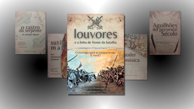 Capa do livro "Louvores e a Linha de Frente da Batalha" por Ricardo e Evelin Maciel. A imagem retrata uma cena de batalha, com guerreiros marchando e lutando em um campo de guerra, simbolizando a importância do louvor como arma espiritual na vida cristã. A frase "O inimigo está se preparando. E você?" destaca o tema central do livro.