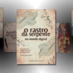 Capa do livro "O Rastro da Serpente no Mundo Digital" por Ricardo e Evelin Maciel. A ilustração mostra uma serpente sinuosa envolvida em fios digitais e raízes escuras, simbolizando as armadilhas e sutilezas espirituais presentes no ambiente digital. A frase "Ela procura aberturas em nossos lares. Você percebe?" reforça o alerta contido na obra.