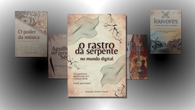 Capa do livro "O Rastro da Serpente no Mundo Digital" por Ricardo e Evelin Maciel. A ilustração mostra uma serpente sinuosa envolvida em fios digitais e raízes escuras, simbolizando as armadilhas e sutilezas espirituais presentes no ambiente digital. A frase "Ela procura aberturas em nossos lares. Você percebe?" reforça o alerta contido na obra.