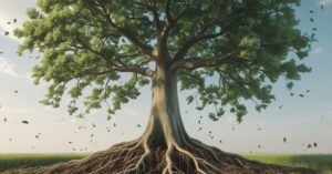 Mulheres com Raízes Profundas – Firmadas em Deus Imagem de uma árvore robusta com raízes profundas em solo fértil, representando firmeza e confiança em Deus, mesmo durante as tempestades.