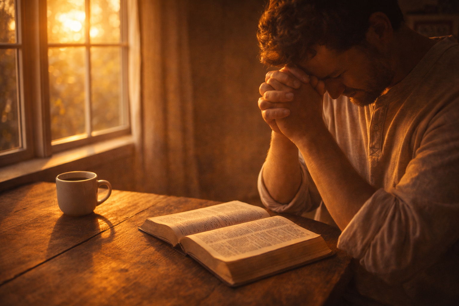 Pessoa orando com Bíblia aberta representando priorizar Deus e buscar o Reino em primeiro lugar